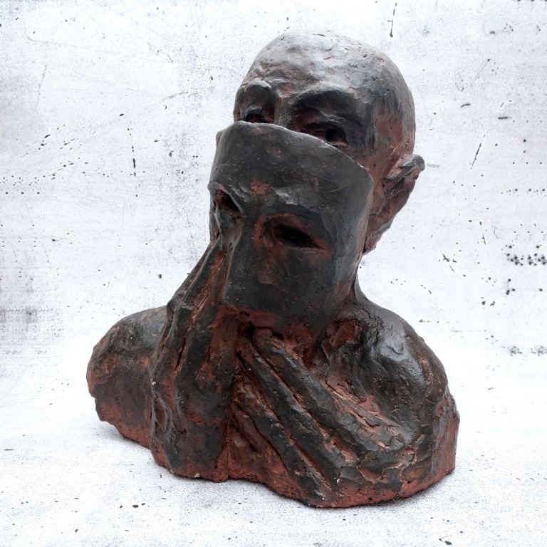 Titus Lerner | original Keramikskulptur | Kopf mit Maske | Signiert | von 1992